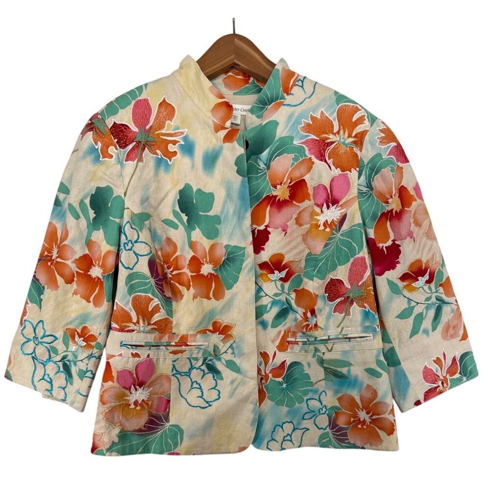 Coldwater Creek Womens Blazer Sz 16 Beige Floral Mandarin Collar 3/4-Slv Cottage